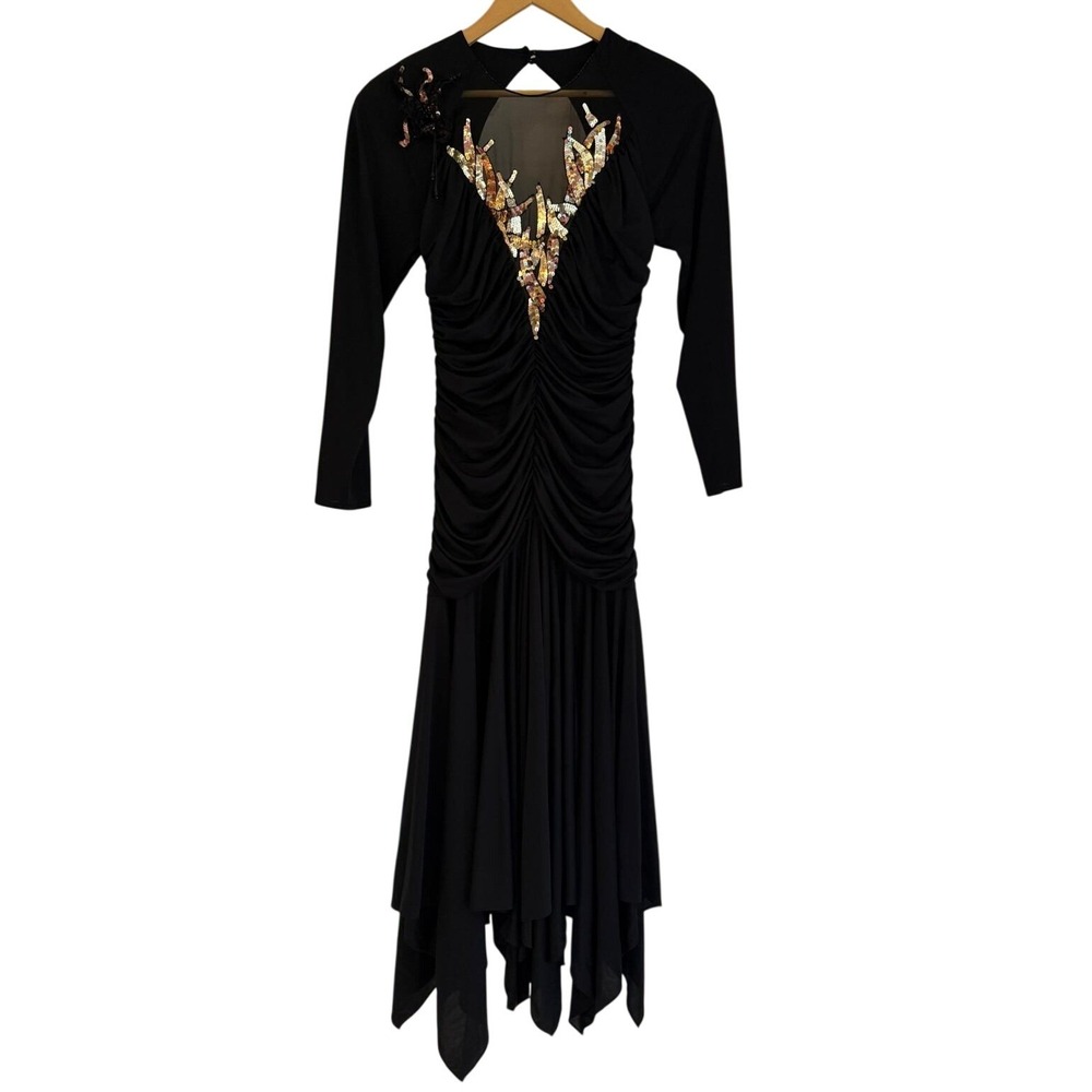 Vintage Dorizia by Jane McCartney Black Sequin Ruched Handkerchief Hem Dress 14